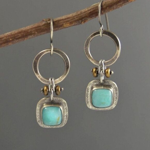 Boho Faux Turquoise Square Circle Dangle Earrings Silver Tone Boho Chic Small - Picture 1 of 10